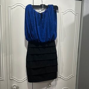 Blue and Black Tiered Mini Dress with Cowl Neck